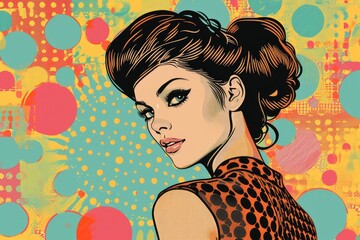Retro 60s female model in a mod dress and beehive hairstyle, with colorful pop art background