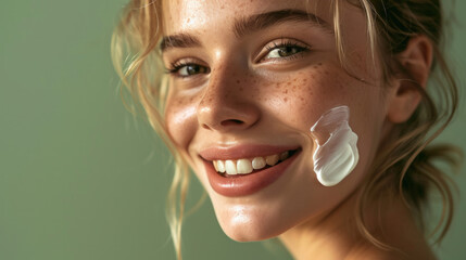 Close-up beauty shot featuring the face of a young blond woman with a small drop of cream on her skin. Promotional image for a cream emphasizing good skin health. Green background.