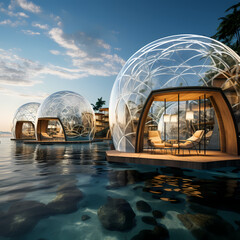 Obraz na płótnie Canvas Transparent domes on a beach providing views of an underwater world.