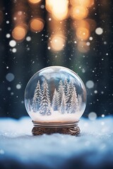 Fototapeta na wymiar Glass snow ball with snow Christmas or New Year forest inside it and shiny snow on winter forest at dusk