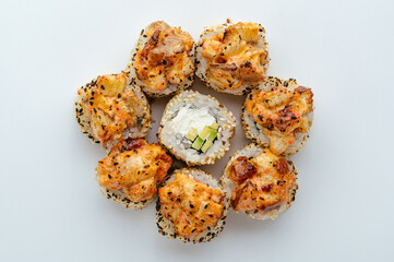 Japanese sushi rolls on a white background. isolate.