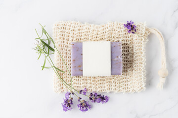 Aroma herbal handcraft soap with lavender flowers for bath relaxation and body care on sisal net...