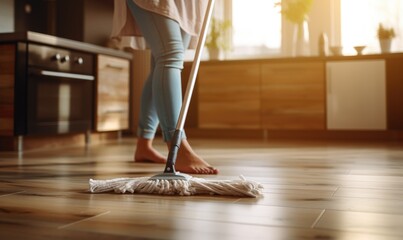 Close up photo of young woman cleaning floor with a wet mop