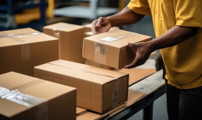 An employee of the transport company prepares packages for transport. Packing packages concept