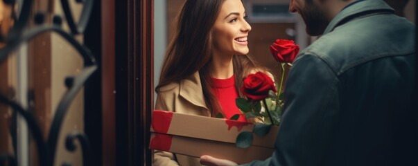 Pretty young woman receiving gift and a large bouquet of red roses at the door. - obrazy, fototapety, plakaty