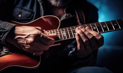 Fototapeta na wymiar Close up photo of a man playing on a guitar