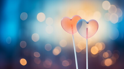 Two lollipops in the shape of a heart. Blurred background in blue and orange tones. Valentine's Day concept.