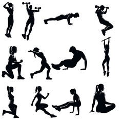 Collection of different exercise silhouettes ,calisthenics silhouettes ,female fitness 