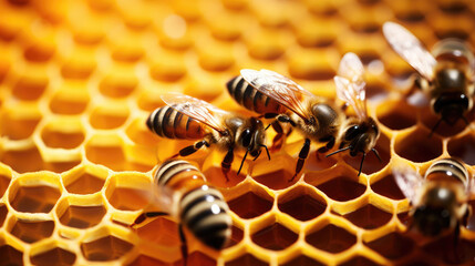 close up of a bee,  working bees on honey cells, honeycomb with bees close-up,