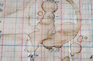 Closeup of vintage grungy, ledger paper with handwriting in ink and coffee stains. 