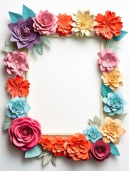 Paper cut flowers with frame on pink background. Paper art style