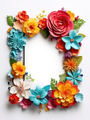 Paper cut flowers with frame on pink background. Paper art style