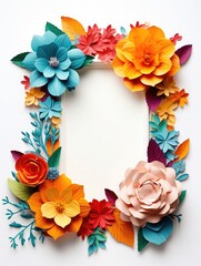 Paper cut flowers with frame on pink background. Paper art style