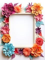 Paper cut flowers with frame on pink background. Paper art style