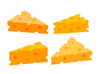 Triangular piece of cheese with holes. Swiss dairy product. Delicious flat style food. Organic meal isolated on white background