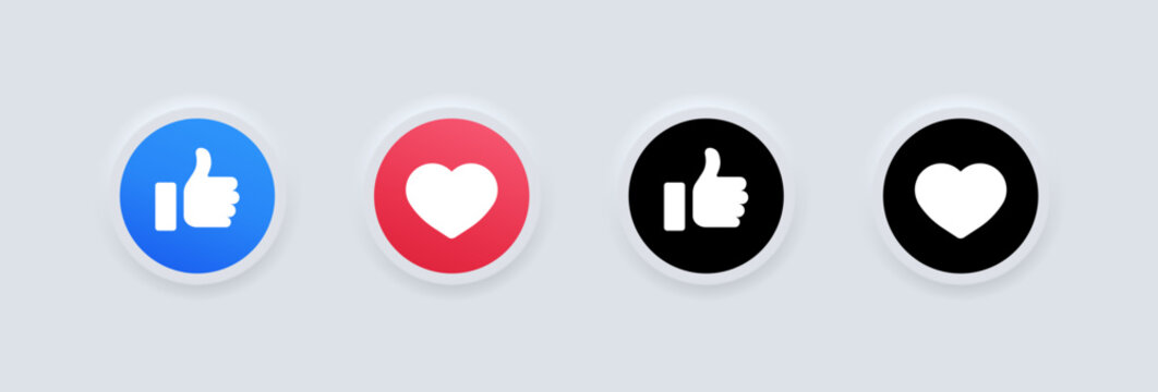 Facebook likes icons. Social media. Isolated Facebook likes. Social media. Thumbs up and heart icons. Editorial likes from Facebook round buttons. Vector icons