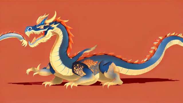 A traditional Asian dragon painted in black and gold against an orange background.
