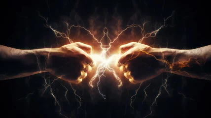 Foto op Aluminium Two hands boxing each other with lightning inbetween created with Generative AI © mg photo