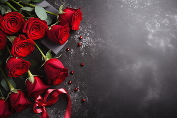 Red roses on a dark background, copyspace for your text