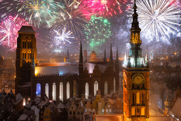 New Year fireworks display over the main town of Gdansk. Poland