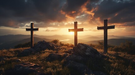 three wooden chrsitian crucifix crosses on hill at sunset - Powered by Adobe