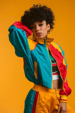 Sporty woman in colorful fitness outfit 80s retro fashion model poses gym concept	