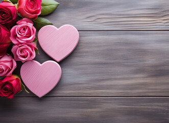 Two pink wooden hearts and some red roses on a wooden background