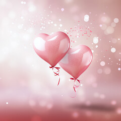 Two realistic pink balloons heart shape on a bright background