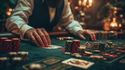Man playing poker in casino. Close up of male hands with cards and chips.