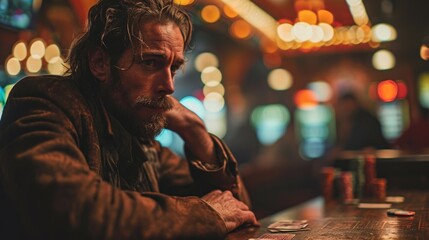 Portrait of mature man sitting in a pub at night and play poker. - obrazy, fototapety, plakaty