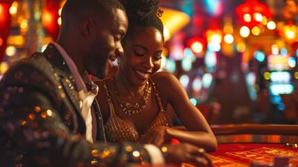 Young african american couple playing roulette at the casino.