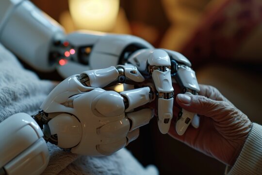 Future of Geriatric Care: Cyborg Companion Exhibits Empathetic Interactions, Tenderly Touching the Hands of an Elderly Person, Showcasing Care, Affection, and the Role of AI in Healthcare.