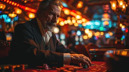 Elderly man playing poker at the casino. Casino concept.