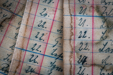 Closeup of vintage grungy, ledger paper with handwriting in ink and coffee stains. 