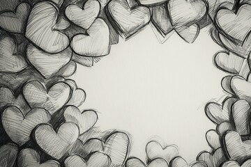 A frame consisting of hearts drawn in pencil on a white background