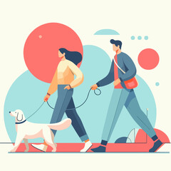vector of a couple walking the dog