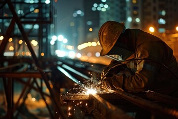 Welding Heights: Construction Worker Welding Steel Beams on a High-Rise Building, City Skyline as a Backdrop - A Captivating Image of Industrial Progress in Urban Development.

