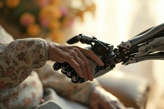 Future of Geriatric Care: Cyborg Companion Exhibits Empathetic Interactions, Tenderly Touching the Hands of an Elderly Person, Showcasing Care, Affection, and the Role of AI in Healthcare.

