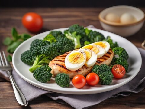 Grilled chicken breast with boiled eggs, broccoli, tomatoes on a white plate on a wooden table