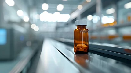 Fotobehang Medical bottles with yellow medicine on a production line at pharmaceutical factory close up © B-Ast-BRT