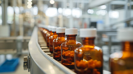 Medical bottles with yellow medicine on a production line at pharmaceutical factory close up - obrazy, fototapety, plakaty