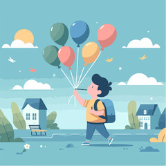 vector character of little boy with balloons in village