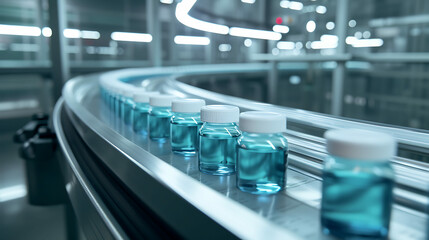 Medical bottles with yellow medicine on a production line at pharmaceutical factory close up - obrazy, fototapety, plakaty