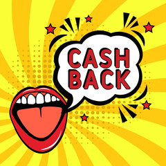 Cashback in pop-art style.Cash back pop art comic style. Vector cartoon illustration explosions. Comics Symbol, sticker tag, special offer label