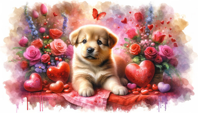cute puppy surrounded in flowers and hearts. valentines day. To create postcards, invitations