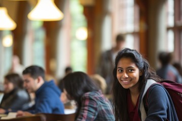 Portrait of a female college student smiling at the camera in college - obrazy, fototapety, plakaty