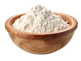 Wooden bowl of flour, isolated on a transparent or white background