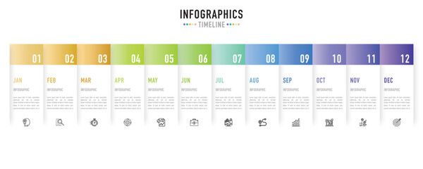 Timeline rectangular infographic template or element with 12 months, step, process, option, colorful circle, pin, tag, rectangle, journey, navigation for planner, sale slide, calendar, paper origami - obrazy, fototapety, plakaty