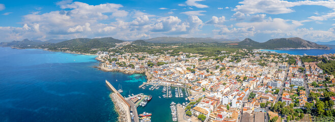 Aerial view Cala Ratjada harbor and village, Mallorca island, Spain