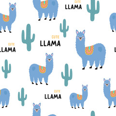 cute fashion sweet llama seamless pattern, american wild animals drawing texture, background in scandinavian style, flat vector illustration